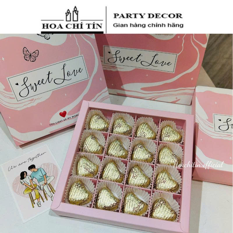 Socola Valentine Hộp Hồng 16 Viên Tim Vàng