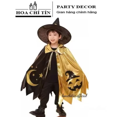 Áo Choàng Phù Thủy Nhũ Đen Vàng Kèm Nón 90cm