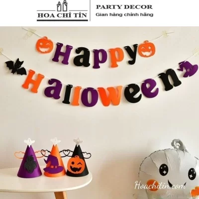 Dây Treo Happy Halloween Vải Nỉ Cam Tím Đen
