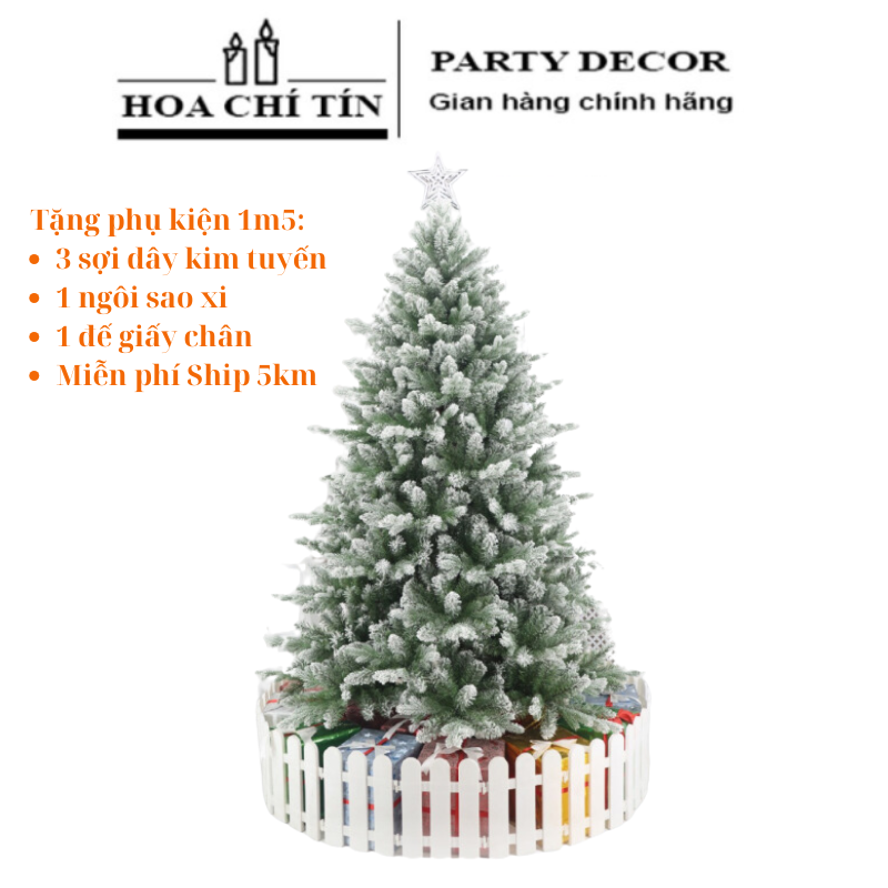 Cây Thông Noel Xanh Lá Nhọn Phủ Tuyết 1m5 (Chân Sắt)