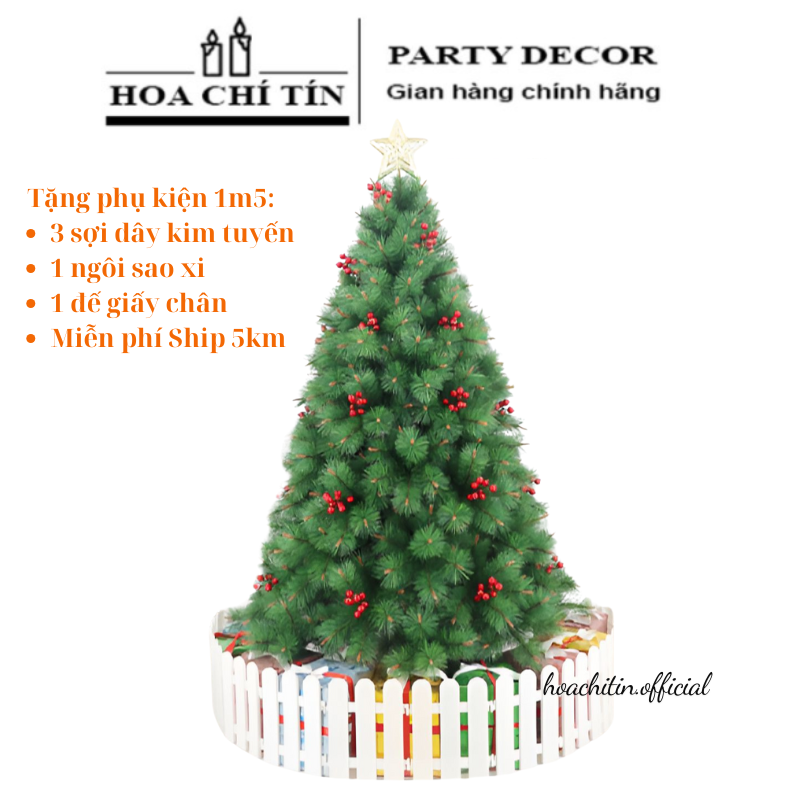 Cây Thông Noel Xanh Lá Kim Gắn Chùm Trái Đỏ 1m5 (Chân Sắt)