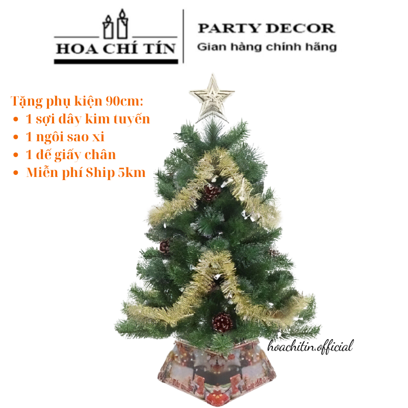 Cây Thông Xanh Lá Dầy Gắn Trái Thông 90cm (chân nhựa)