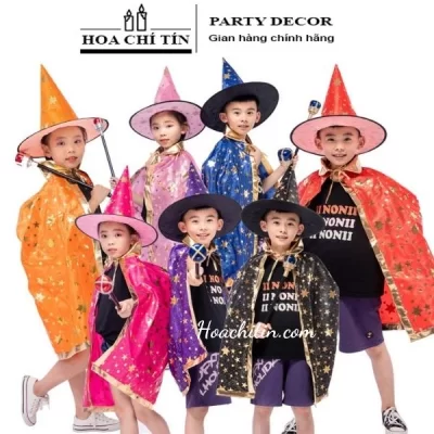 Áo Choàng Phù Thủy Viền Vàng Kèm Nón 70cm