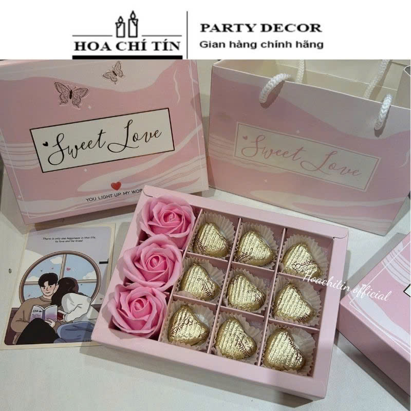 Socola Valentine 3 Hoa 9 Viên Hộp Hồng