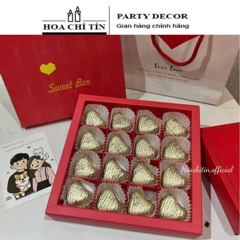 Socola Valentine Hộp Đỏ 16 Viên Tim Vàng